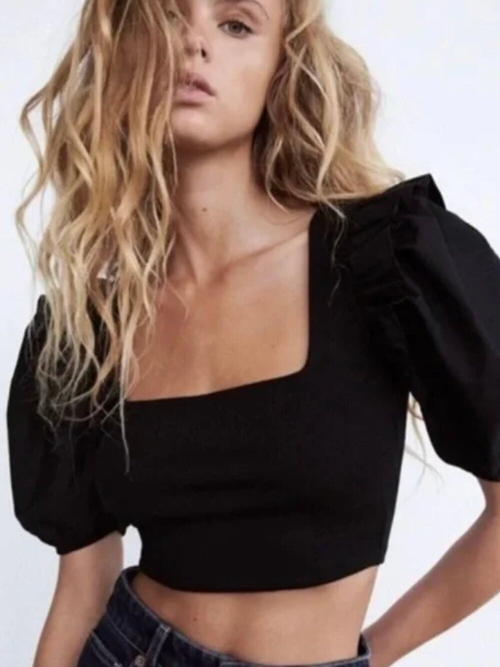 ZARA Puff Sleeve Crop Top — Black | Size M | 🖤